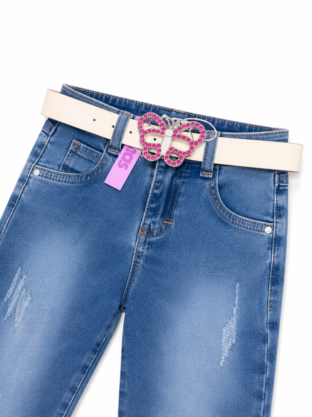Pantalón niña acampanado de mezclilla con cinturón de mariposa