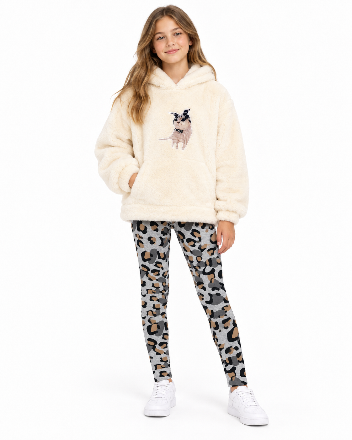 Set niña de 2 piezas con sudadera afelpada y legging animal print
