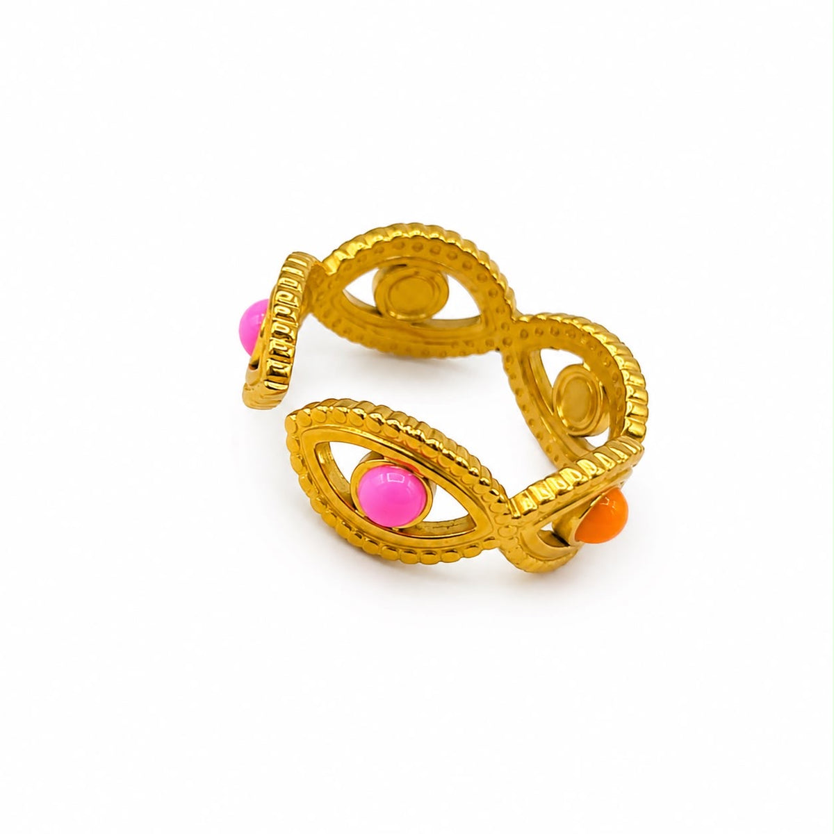 Anillo Dama dorado diseño de ojos con detalles de color