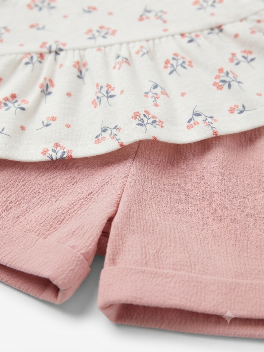 Set niña con blusa floral de olanes y short rosa