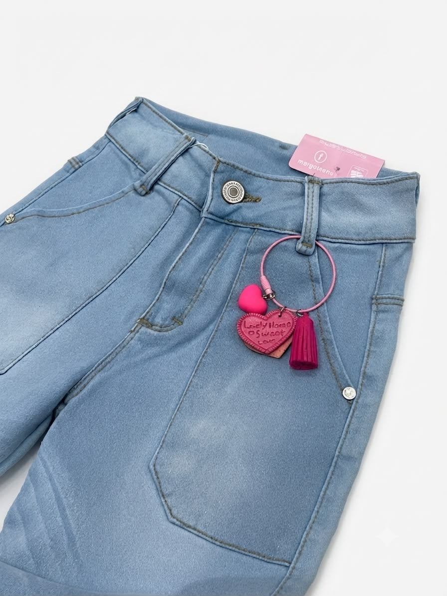 Pantalon niña mezclilla cargo llavero rosa