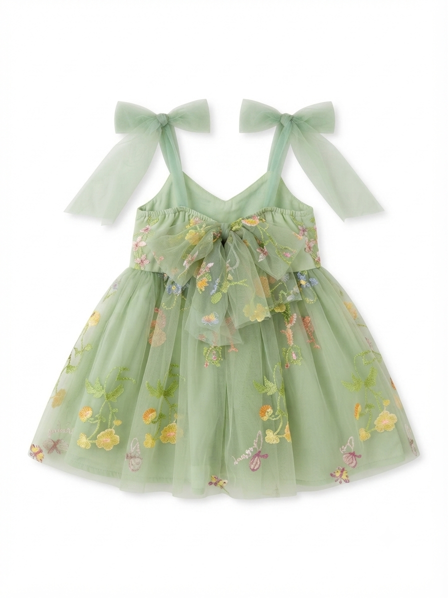 Vestido niña verde menta con flores bordadas y moños