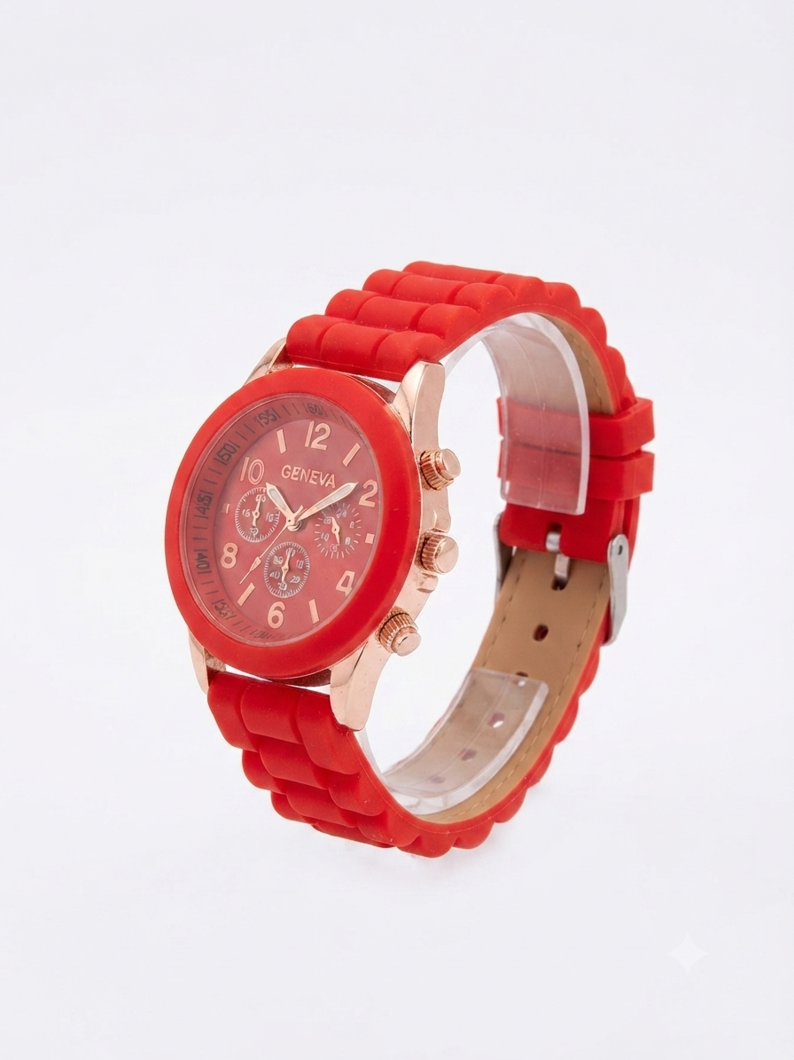 Reloj dama correa roja bisel oro rosa carátula roja