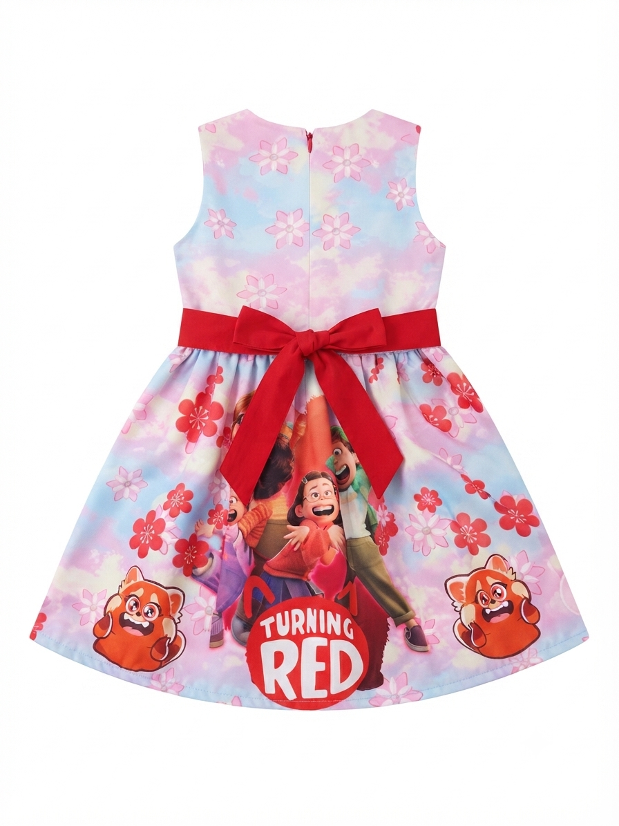 Vestido niña estampado de panda rojo y personajes con moño decorativo