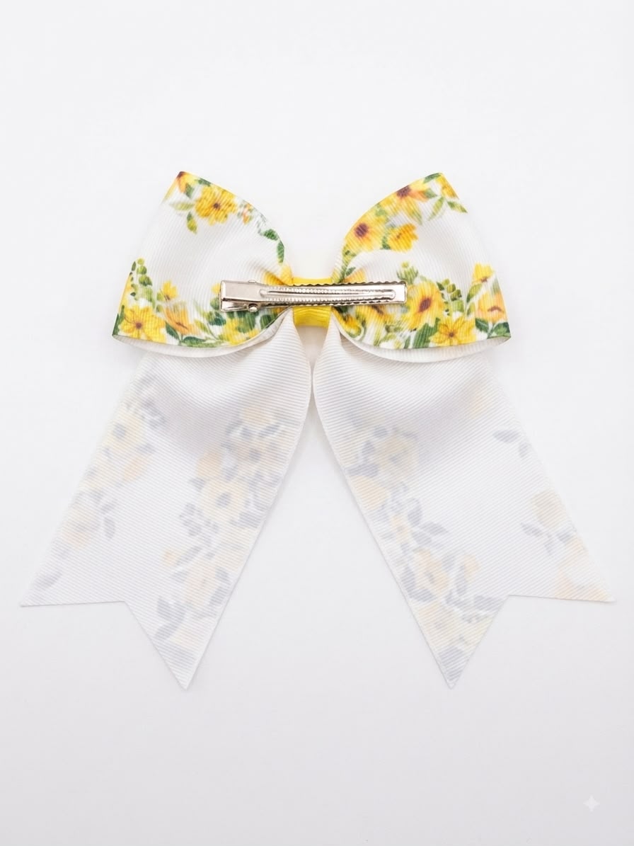 Moño niña blanco con estampado de girasoles y tiras largas