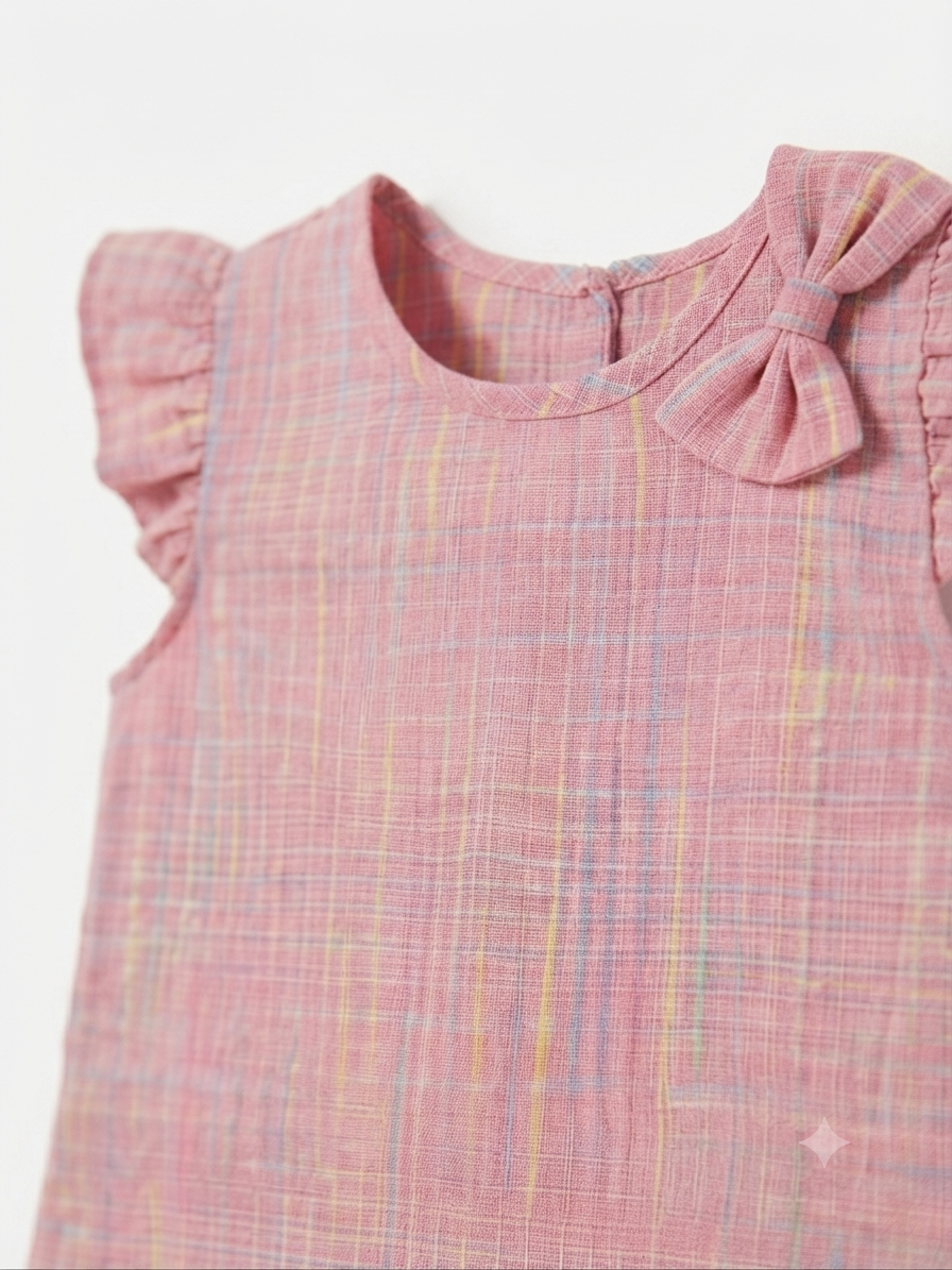 Vestido niña rosa a cuadros con mangas de olanes