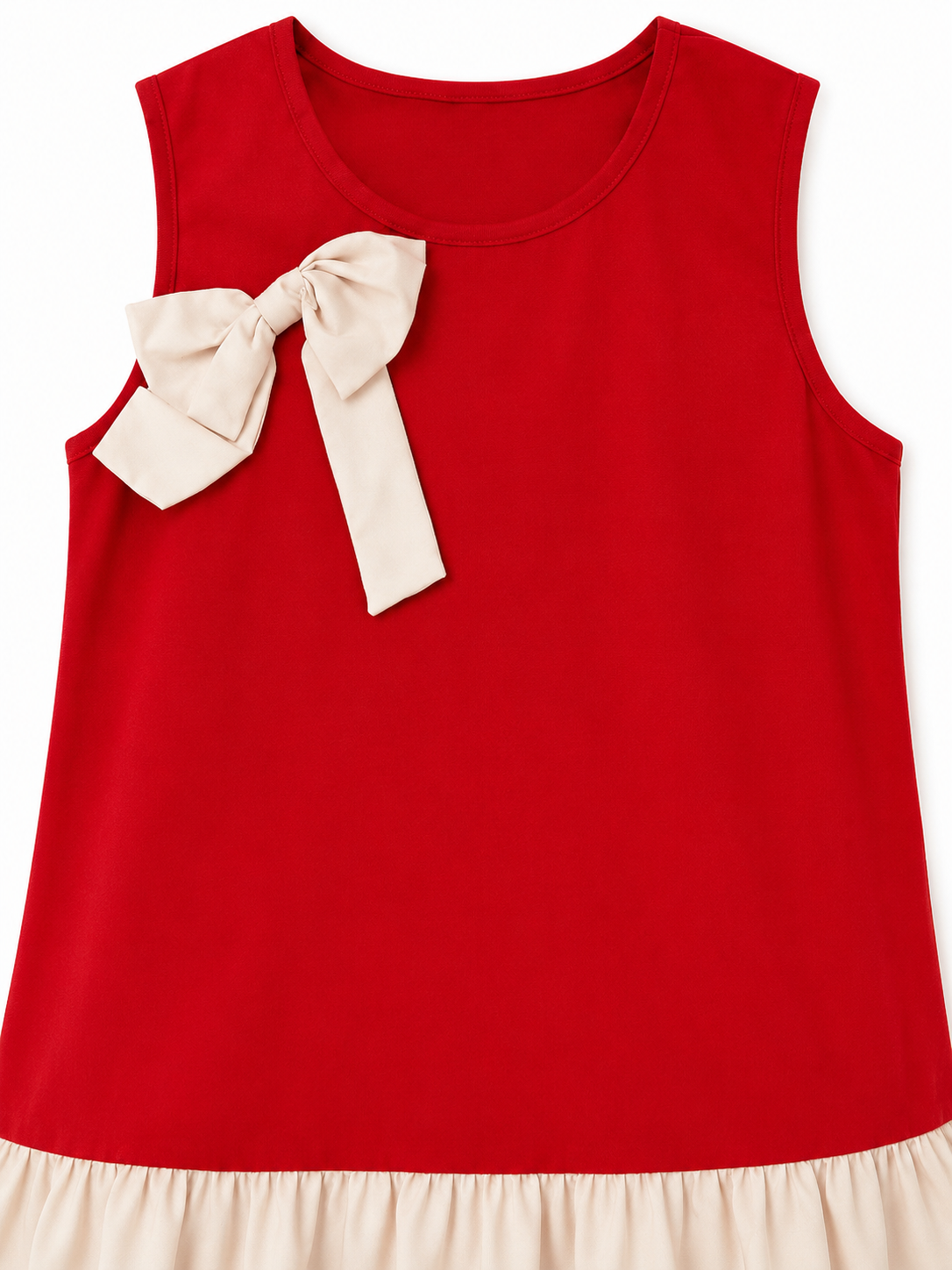 Vestido niña sin mangas con moño decorativo y olan en contraste
