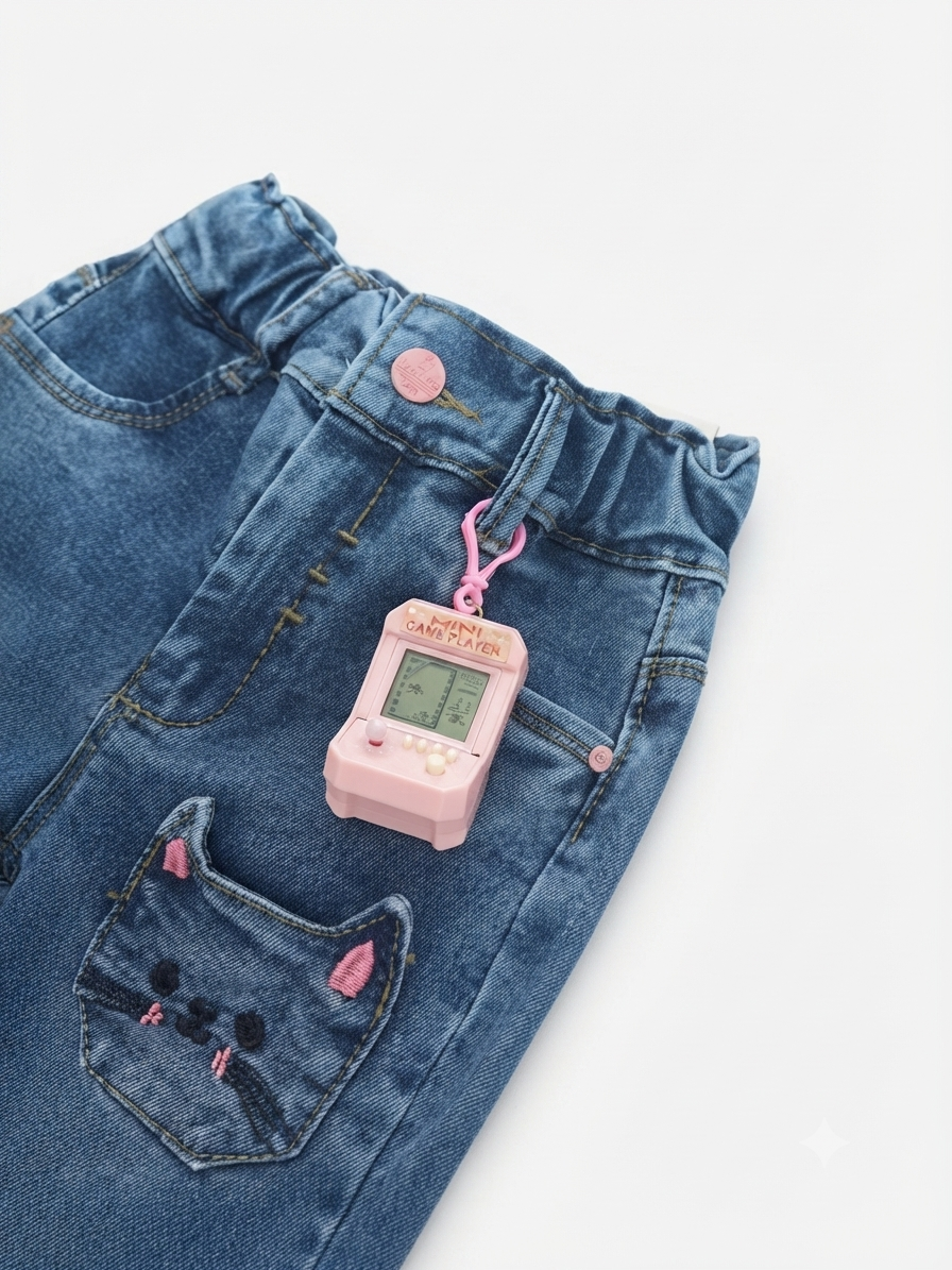 Pantalón niña de mezclilla con bolsillos de gatito y llavero electrónico