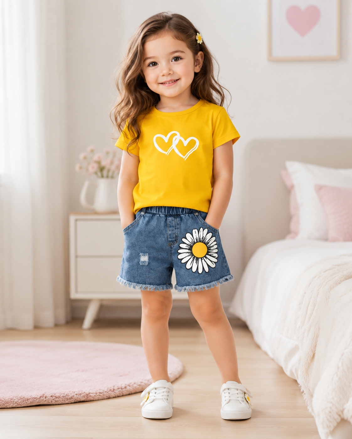Set niña con playera amarilla y short de mezclilla con margarita