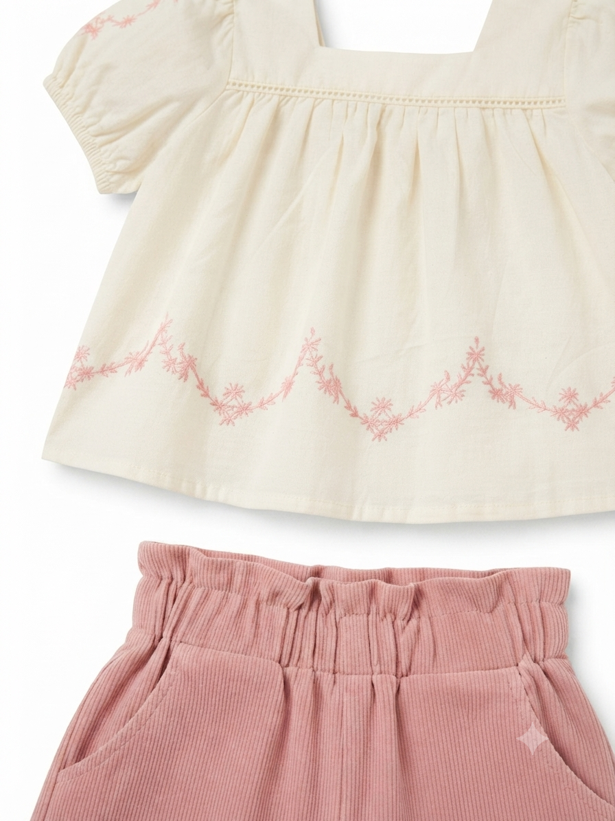 Set niña con blusa bordada y short rosa