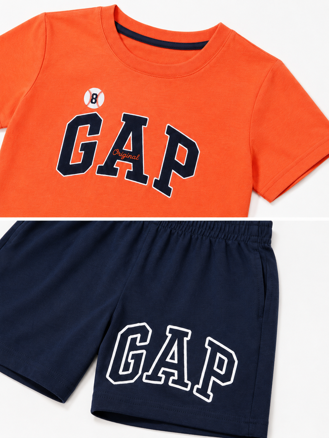 Set niño playera naranja con short azul marino estampado GAP estilo casual deportivo