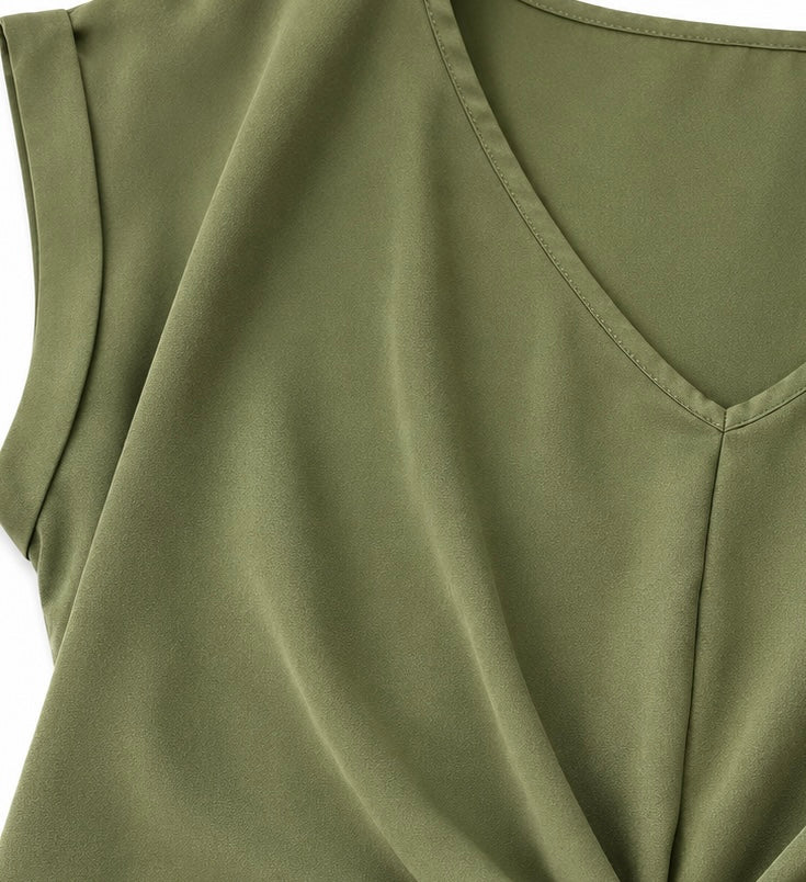 Blusa Dama Verde Olivo con Escote en V y Detalle Cruzado al Frente