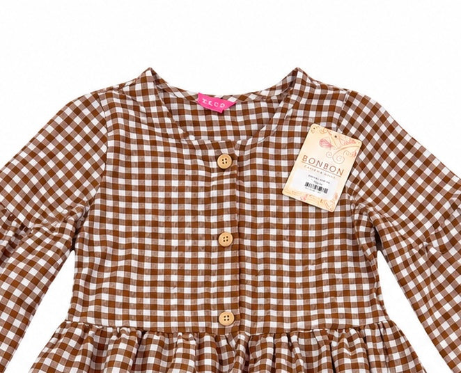 🤎 Vestido niña de cuadros café con botones