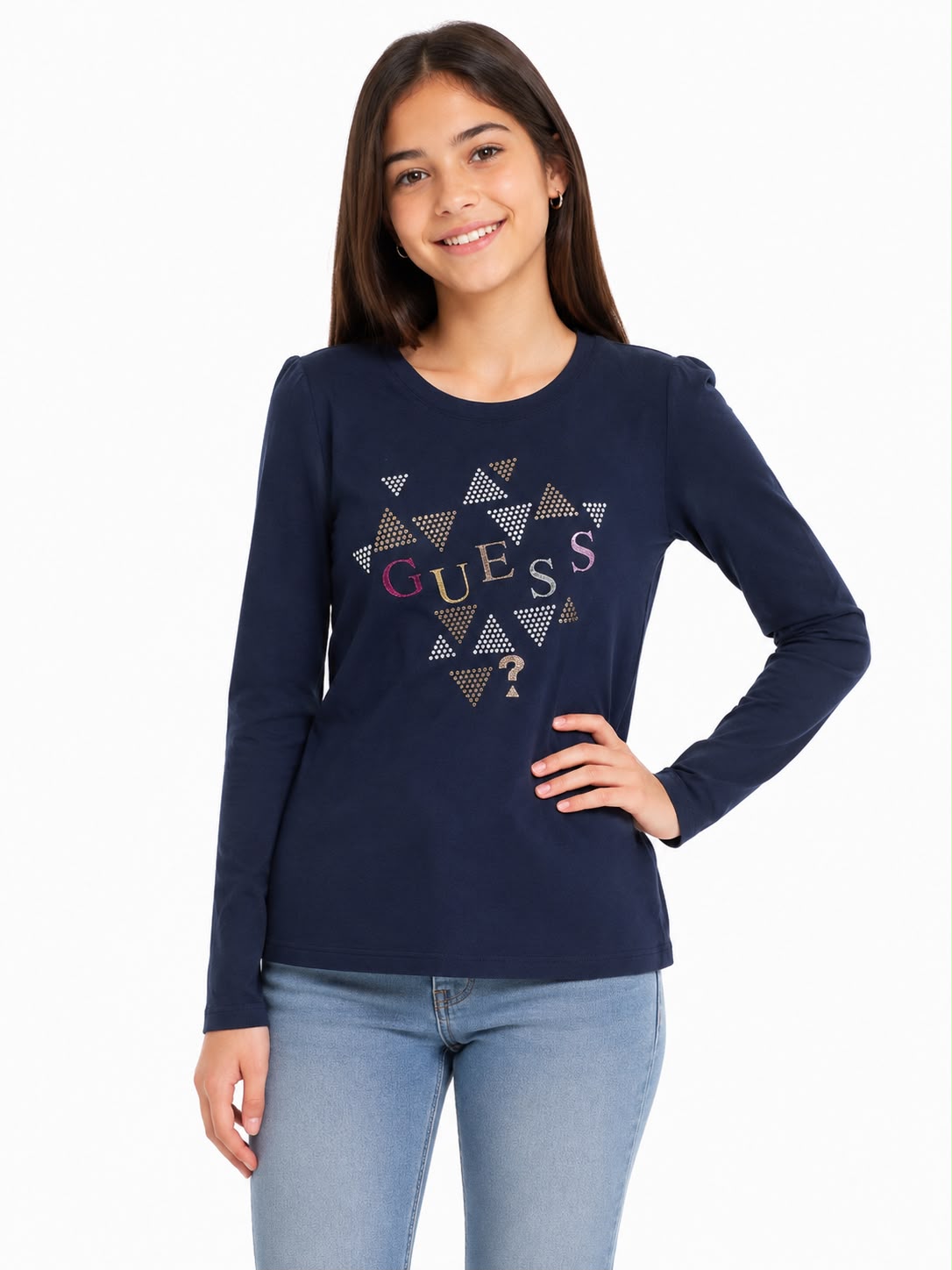 Blusa niña de manga larga estampada con aplicaciones brillantes