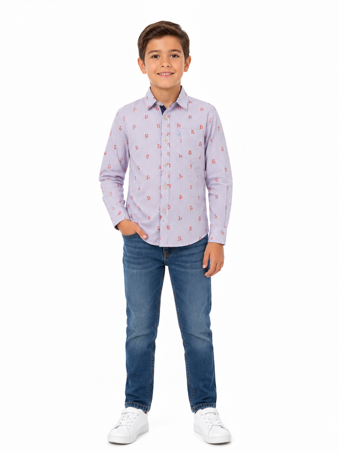 Camisa niño de manga larga con estampado y bolsillo