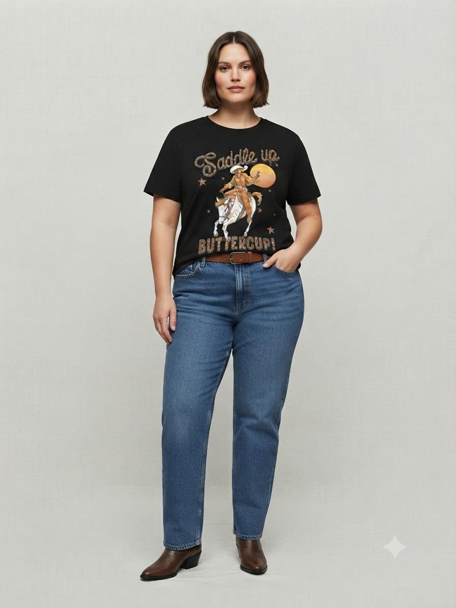 Blusa Dama Negra con Diseño Vaquero y Aplicaciones