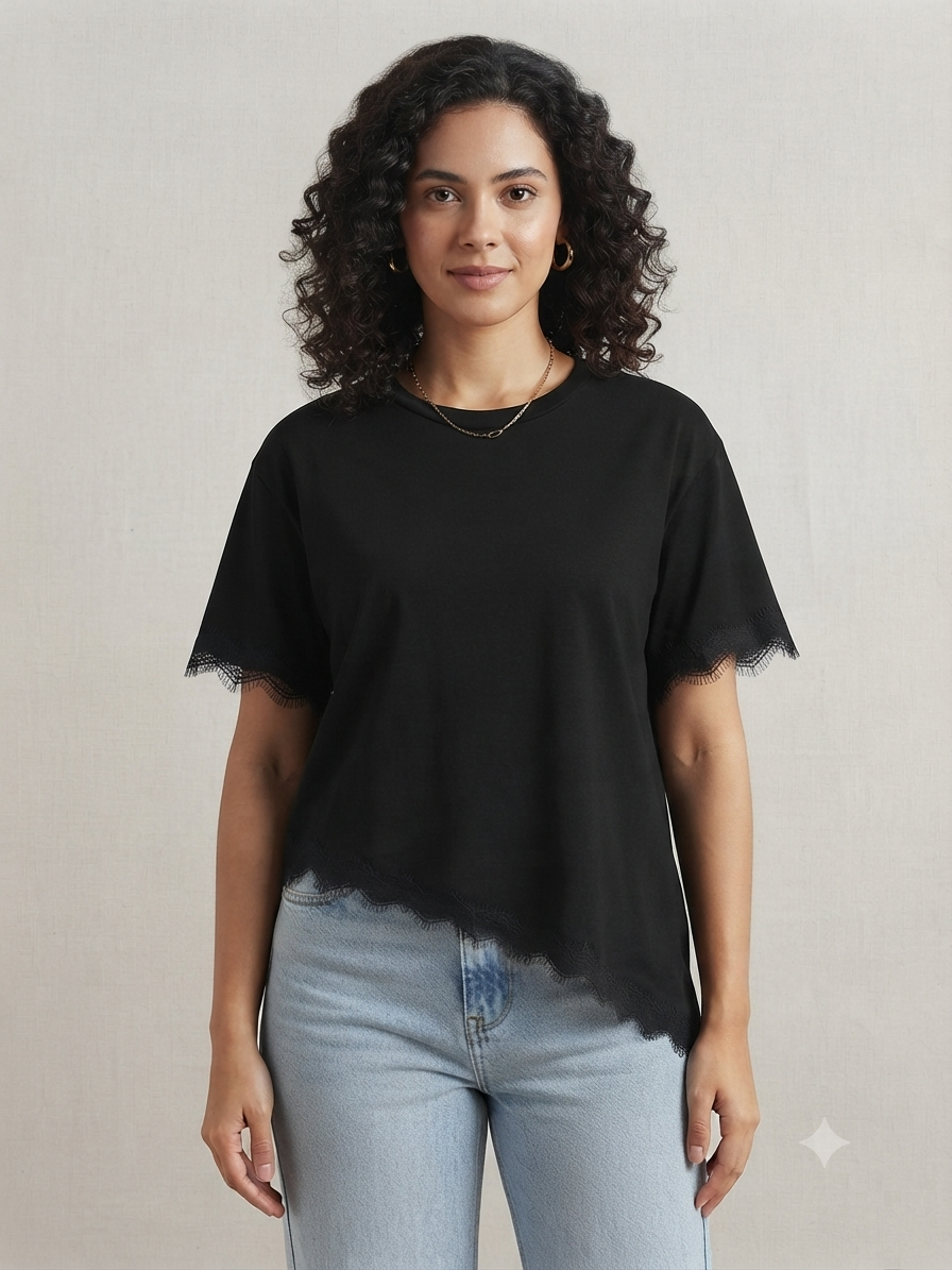 Blusa dama Asimétrica Negra con Encaje