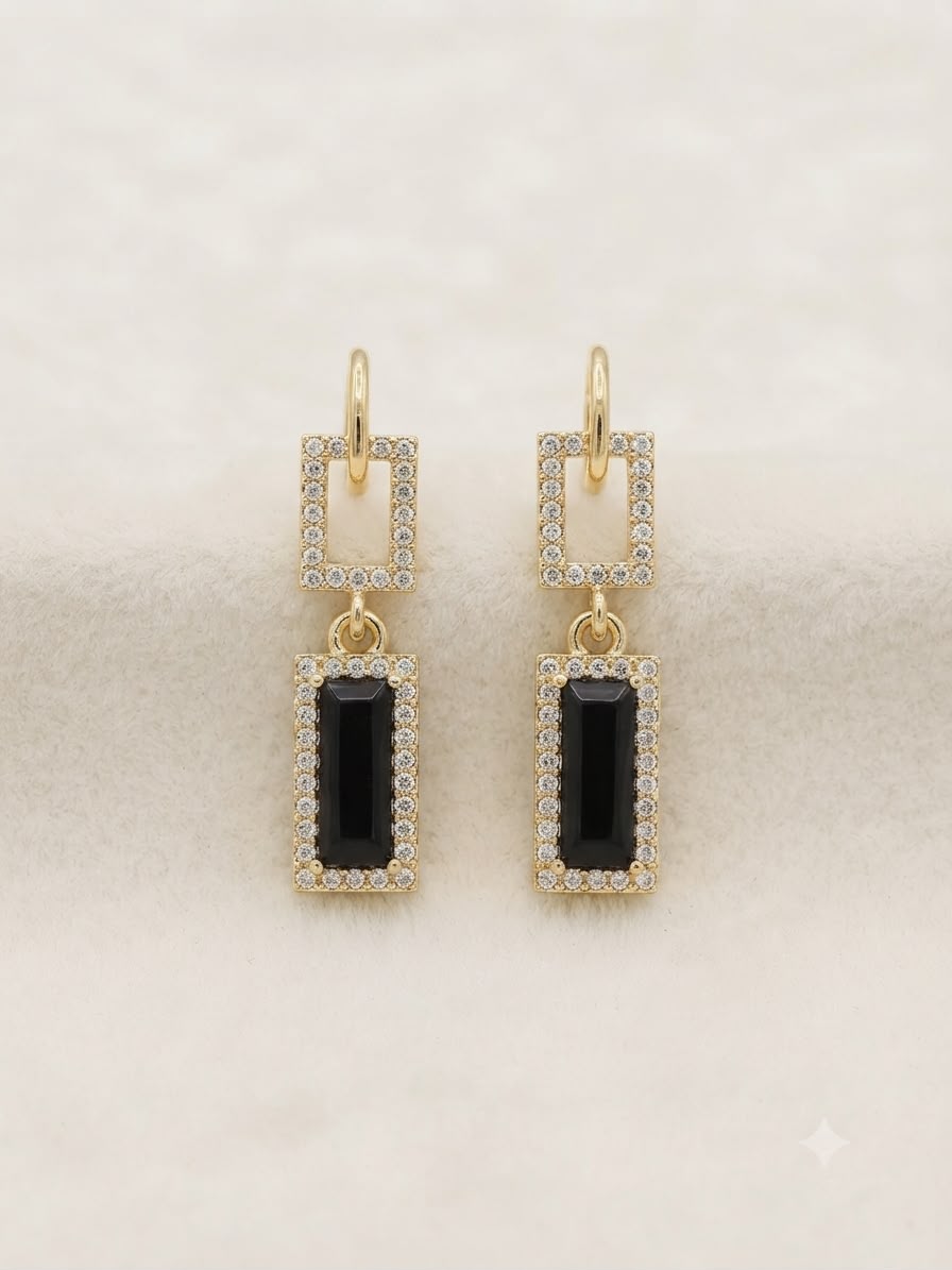 Aretes Rectangulares con Cristal Negro – Elegancia Sofisticada