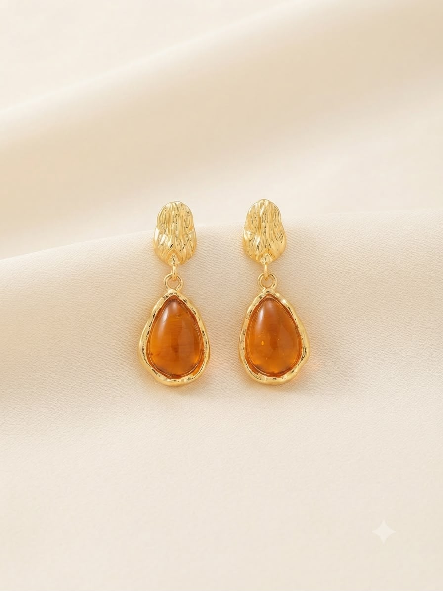 Aretes Dorados con Piedra Ámbar Gota ✨🧡