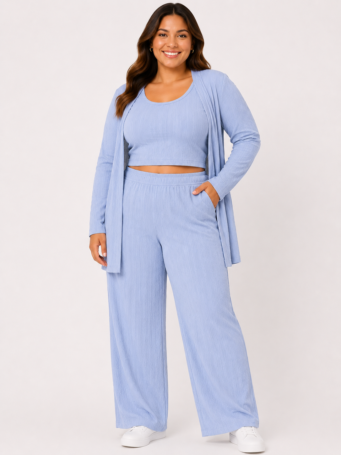 Conjunto dama 3 piezas texturizado azul cielo