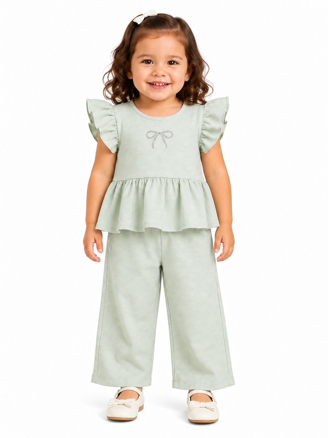 Set niña con blusa de olanes y pantalón palazzo