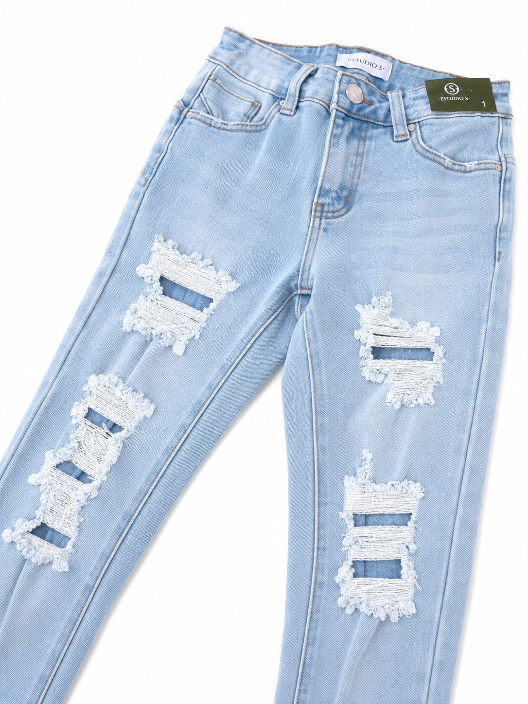Pantalón Dama Mezclilla Mom Fit Desgastado de Tiro Alto