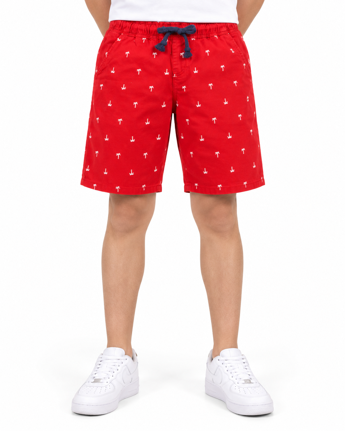 Short niño rojo con estampado de palmeras y cintura ajustable