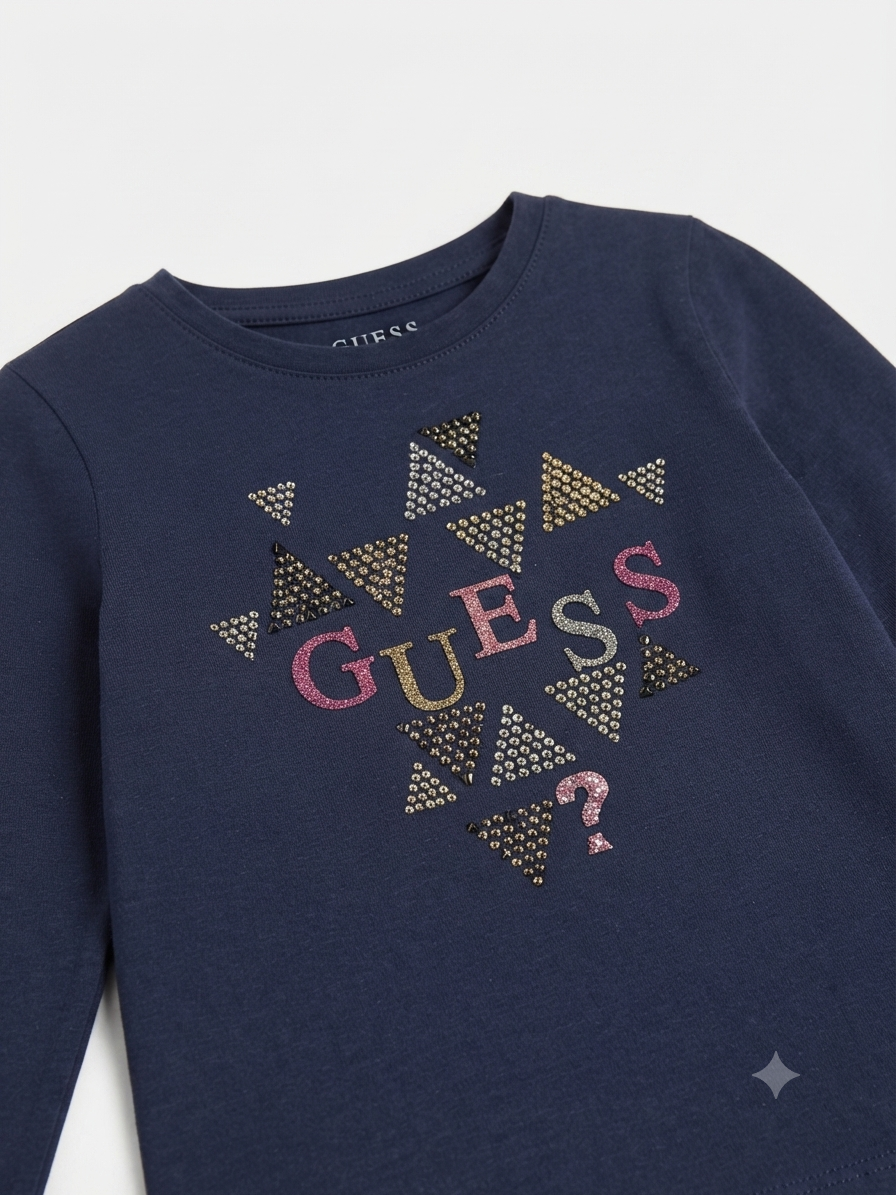 Blusa niña de manga larga estampada con aplicaciones brillantes