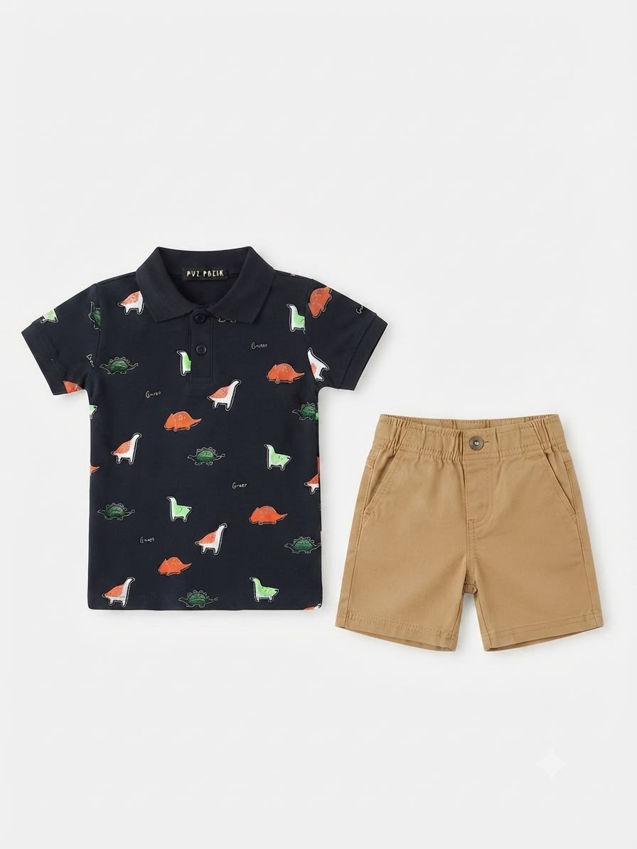 Set niño tipo polo con short caqui