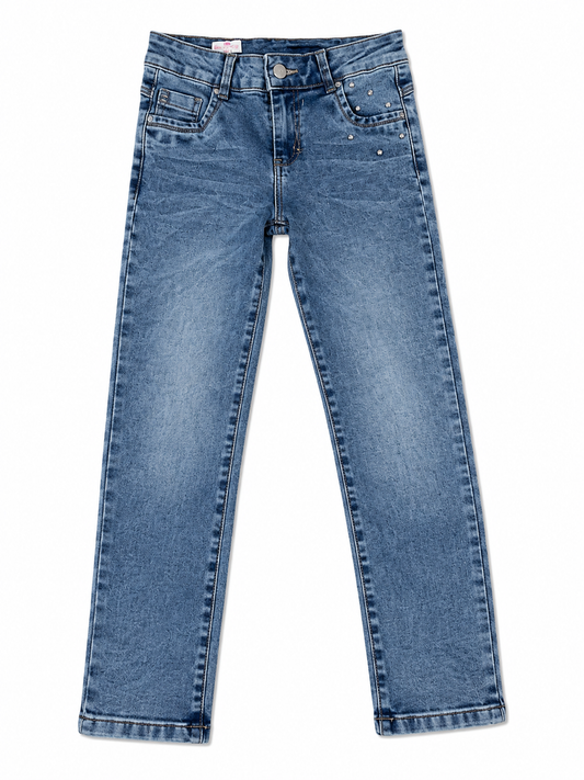 Pantalón niña mezclilla skinny con aplicaciones brillantes