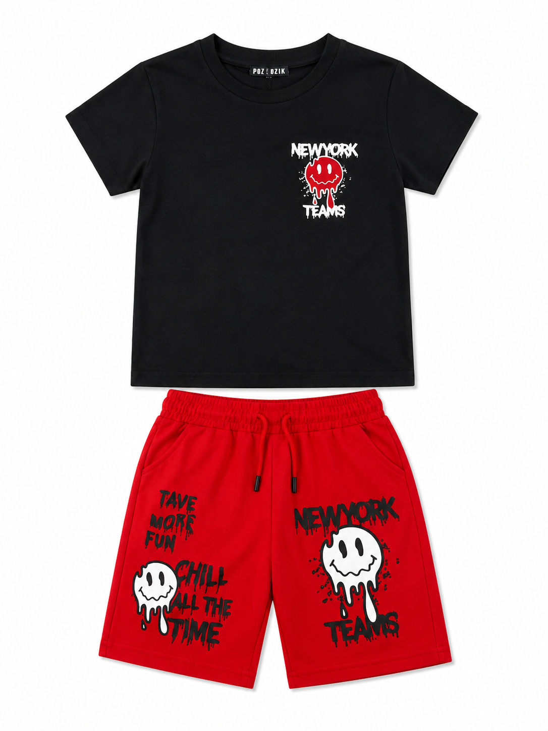 Set niño playera negra con short rojo estampado estilo urbano casual 🖤❤️