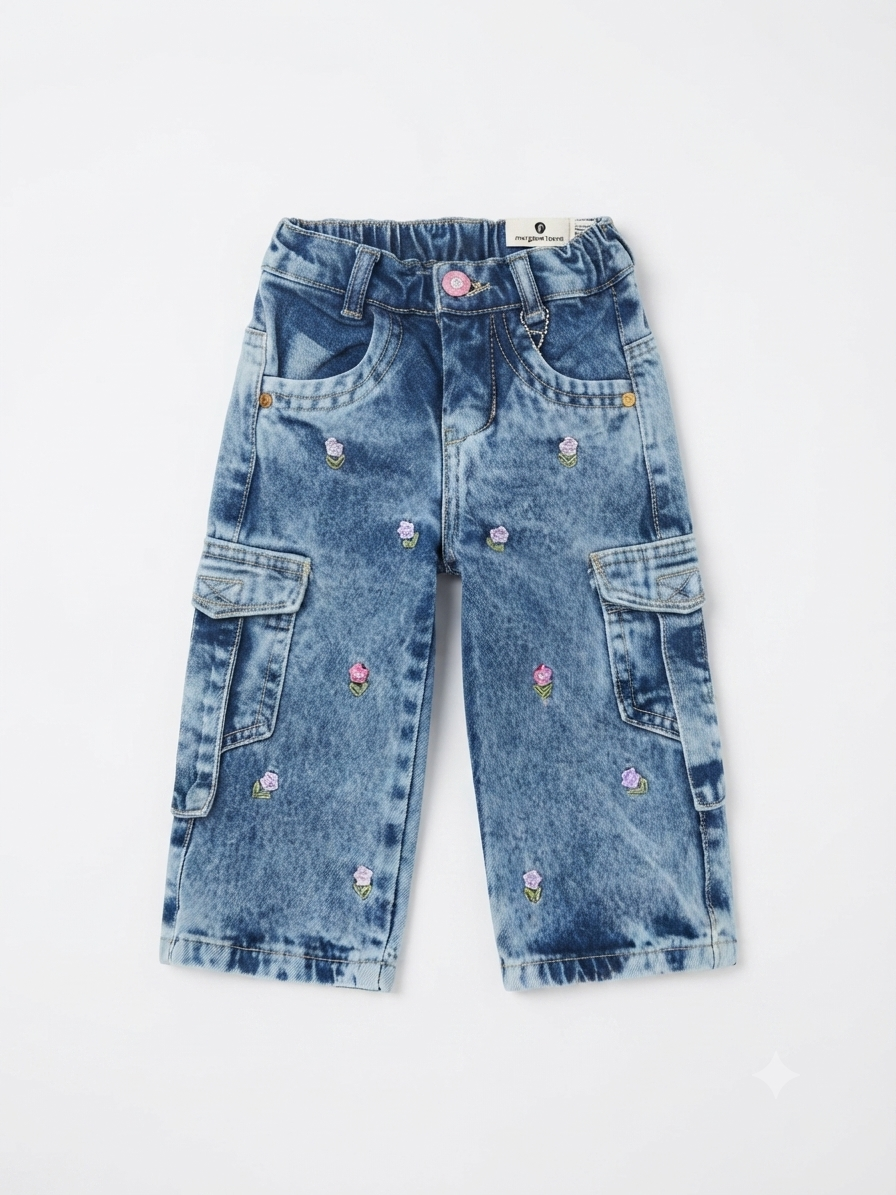 Pantalón niña cargo de mezclilla con flores bordadas