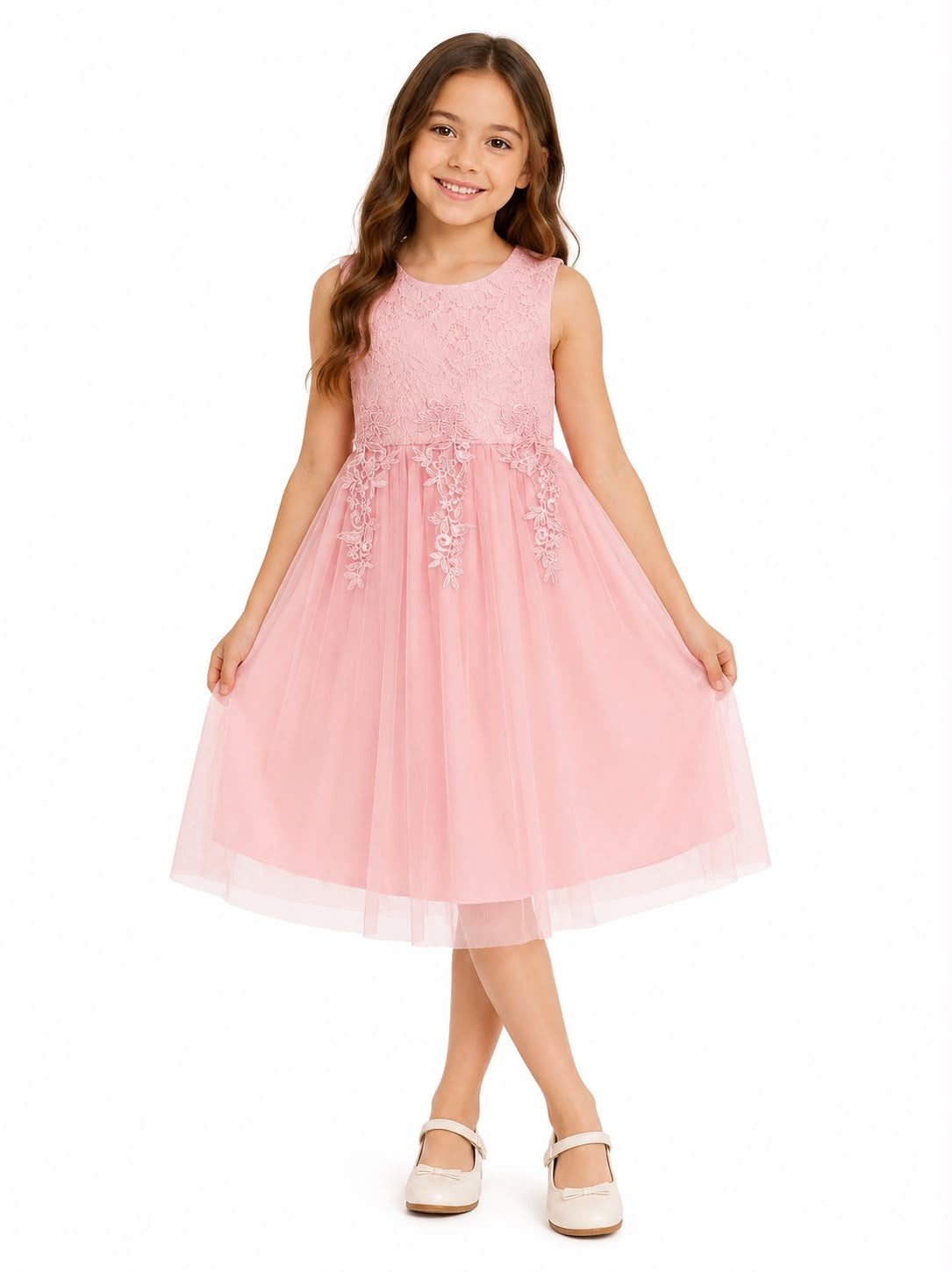 Vestido niña con tul y encaje color coral