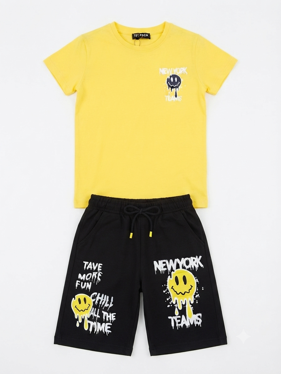 Set niño playera + short estampado smile – Color amarillo con negro