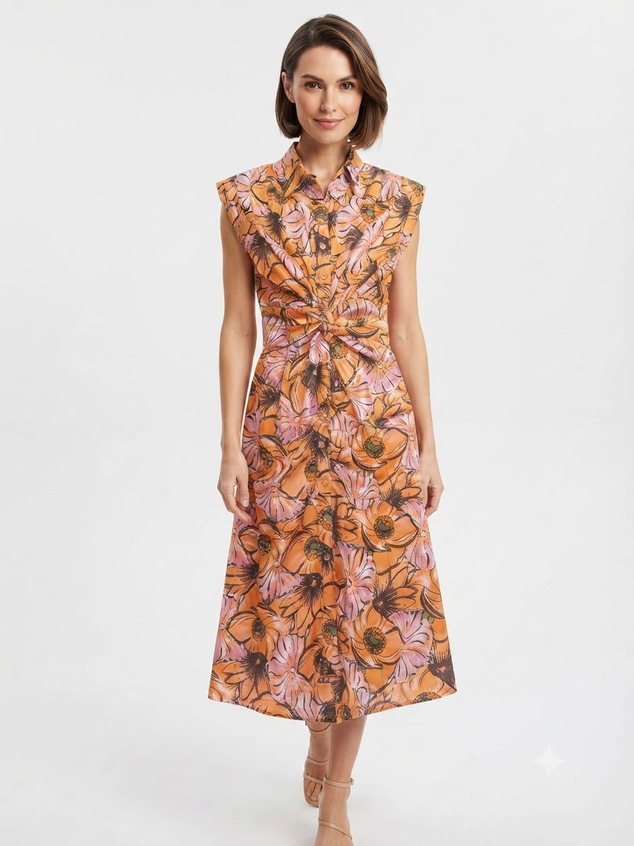Vestido dama OFERTA midi estampado floral con detalle anudado al frente y cuello camisero