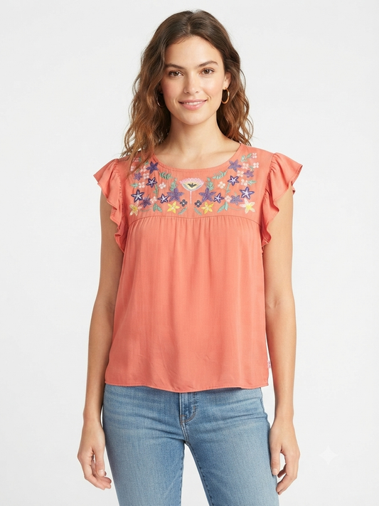 Blusa Dama OFERTA Bordada Manga Olanes Color Coral
