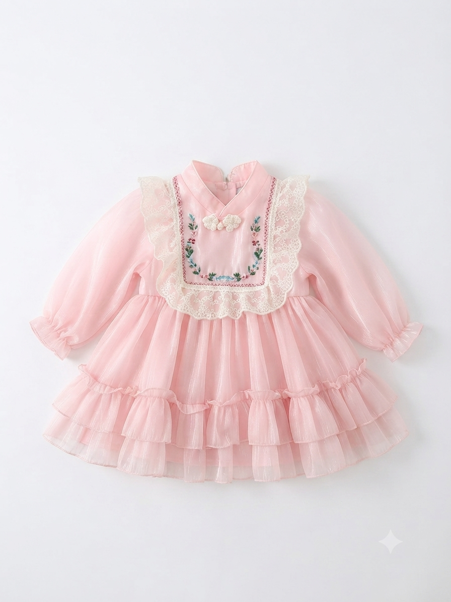 Vestido niña meses rosa con encaje y bordado floral