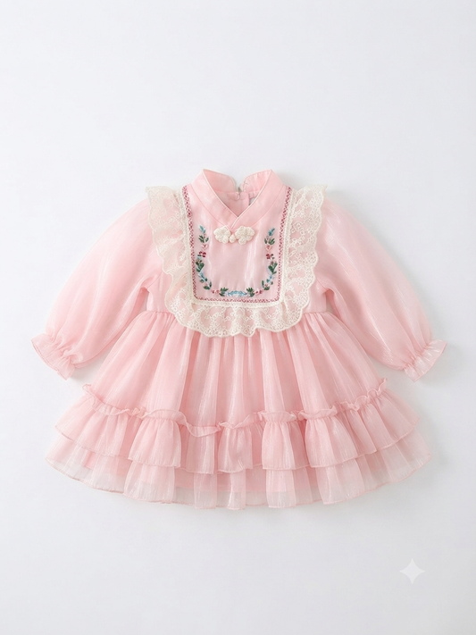 Vestido niña meses rosa con encaje y bordado floral
