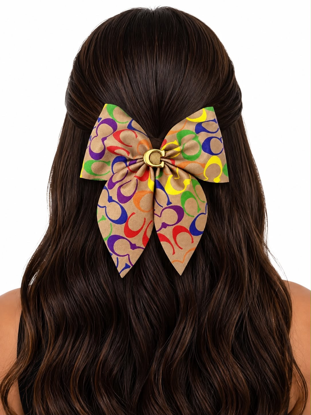 Moño niña beige con estampado multicolor y detalle dorado