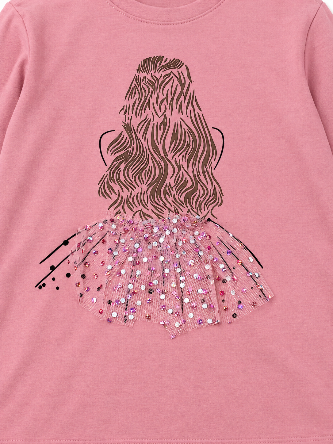 Blusa niña rosa manga larga con detalle brillante
