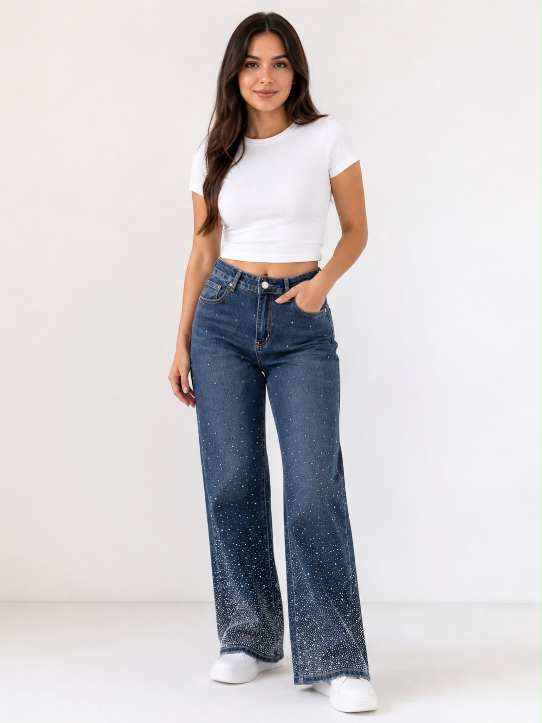 Pantalón Dama de Mezclilla Wide Leg Azul con Aplicaciones de Brillos