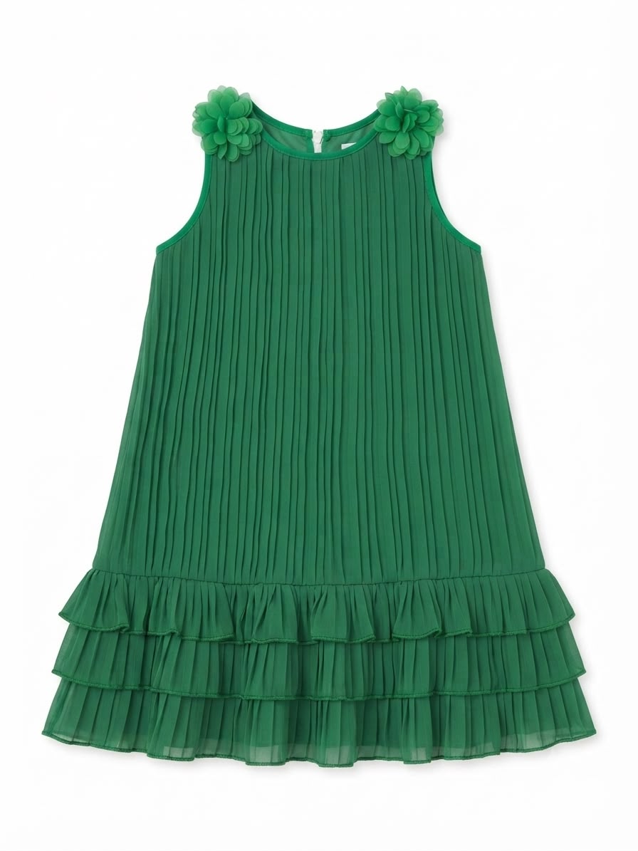 Vestido niña verde plisado con flores Olanes