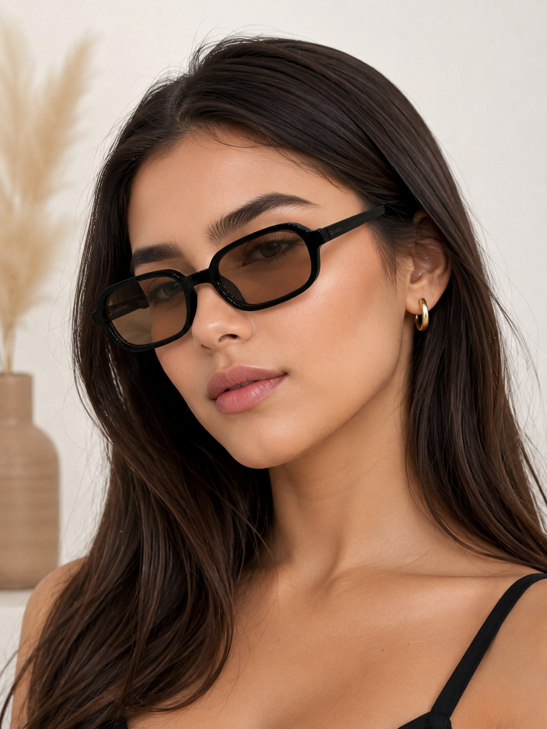 Lentes dama de sol rectangulares negros con mica café
