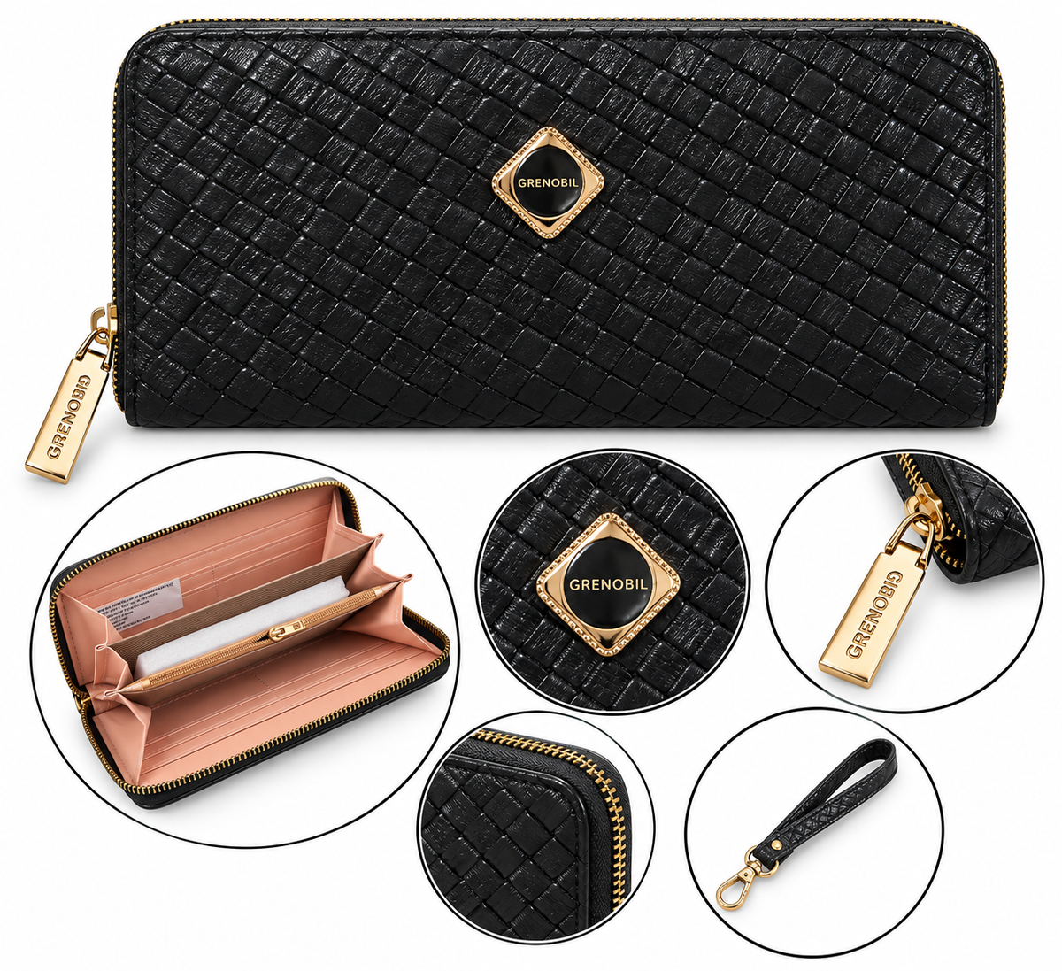 Cartera dama con textura tejida y cierre completo ✨