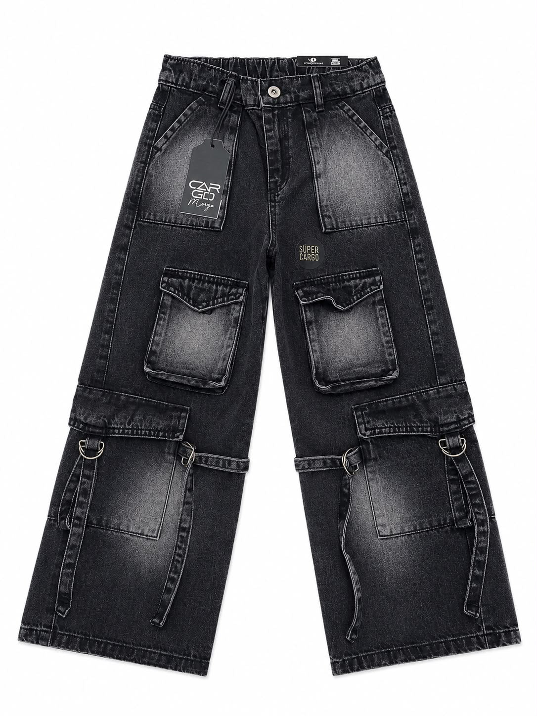 Pantalón niña cargo mezclilla negre con efecto deslavado