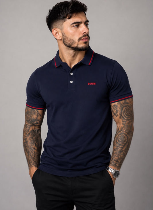 Playera caballero Tipo polo Azul Marino con Detalles Rojos y Bordado Frontal B@SS