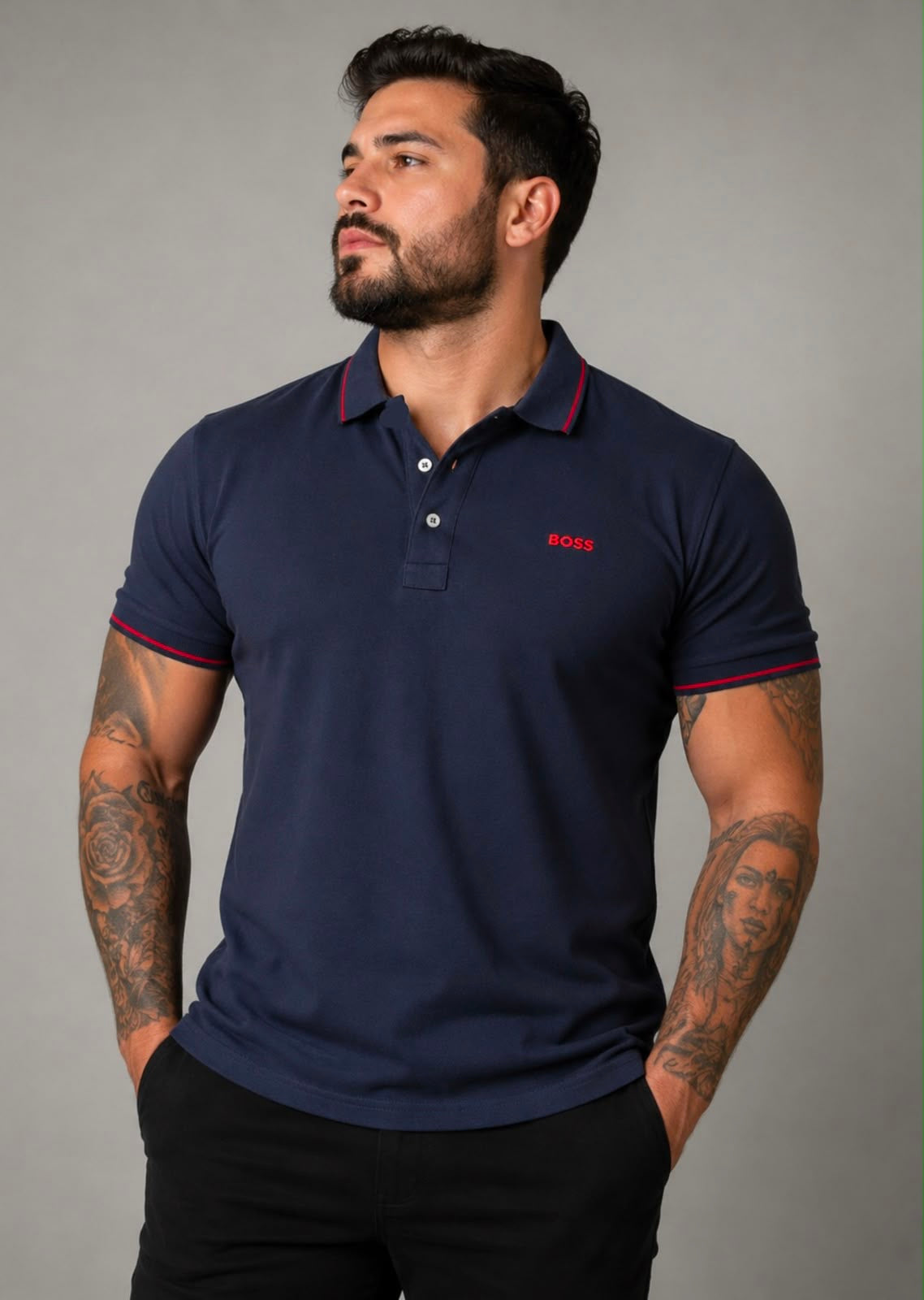 Playera caballero Tipo polo Azul Marino con Detalles Rojos y Bordado Frontal B@SS