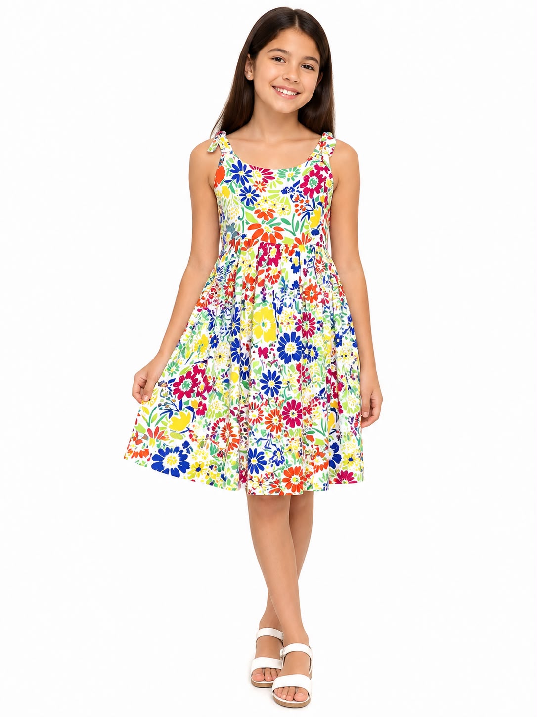 Vestido niña blanco con estampado floral multicolor