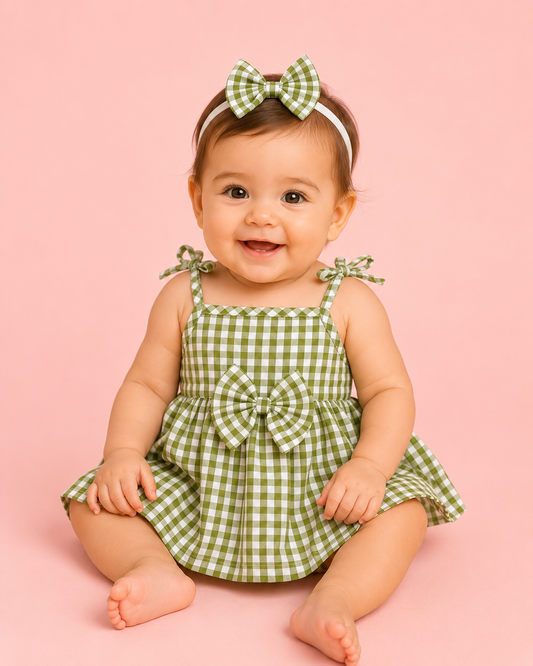 Vestido bebé meses cuadros verde con diadema