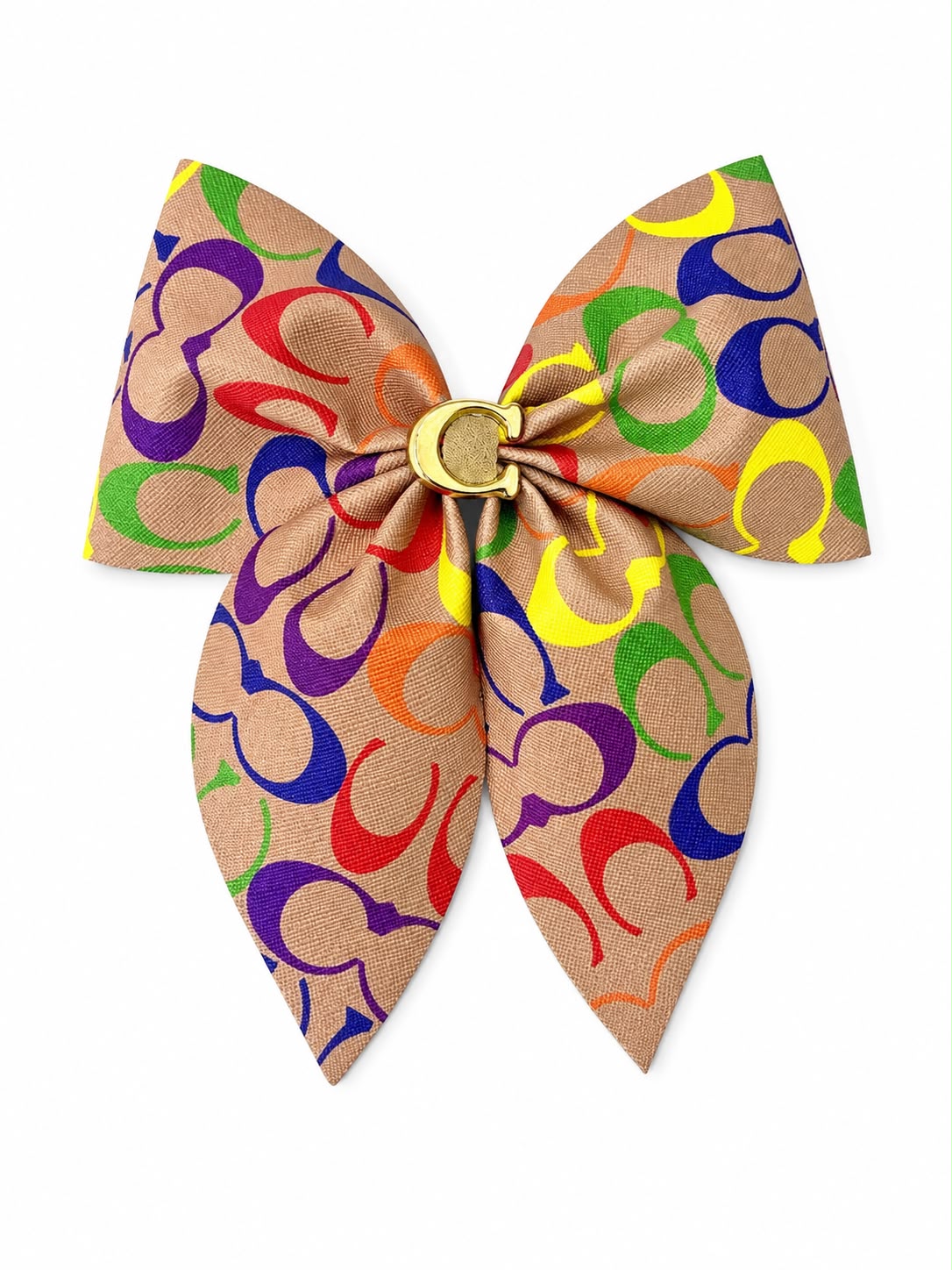 Moño niña beige con estampado multicolor y detalle dorado